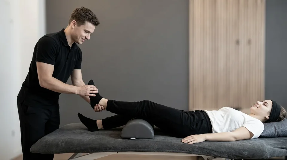 Physiotherapist treating a patient's leg on a treatment table