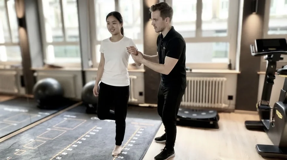 Physiotherapeut begleitet eine Patientin beim Bewegungstraining