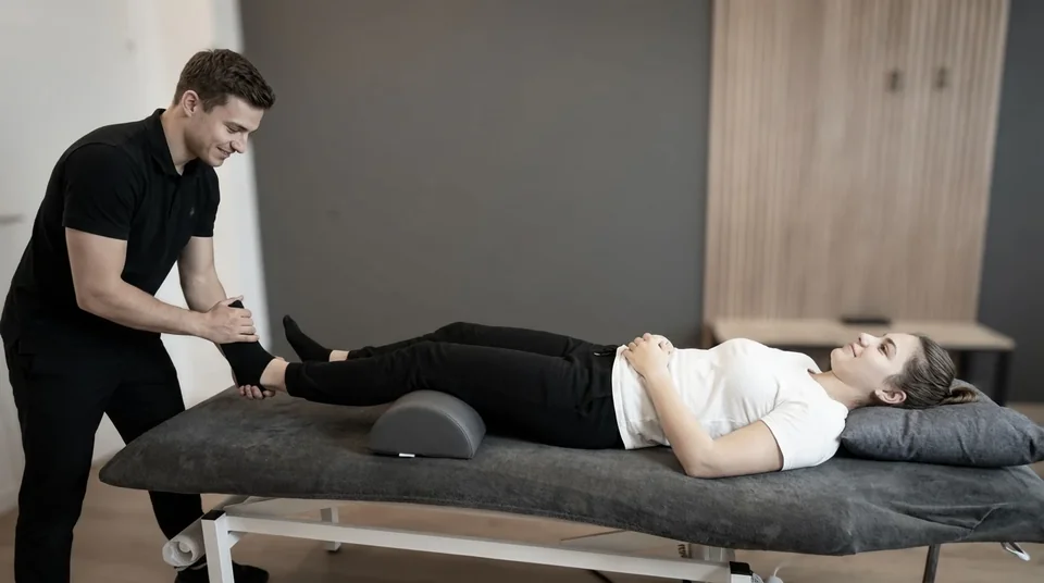 Physiotherapist mobilising a patient's leg on a treatment table