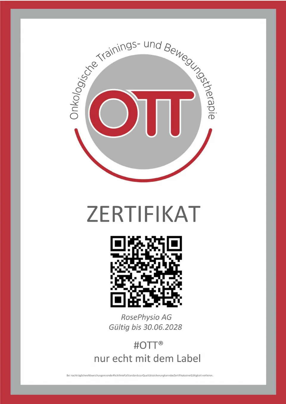 OTT certificate for RosePhysio AG, valid until 30 June 2028