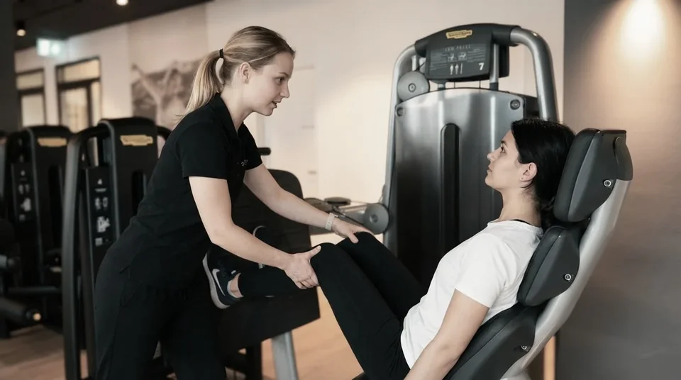 Physiotherapeutin begleitet eine Patientin beim Training an einem Kraftgerät