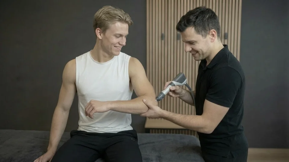 Physiotherapist examining a patient's elbow